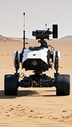 A White Robot Is Standing On A Sandy Surface, Possibly In A Desert
