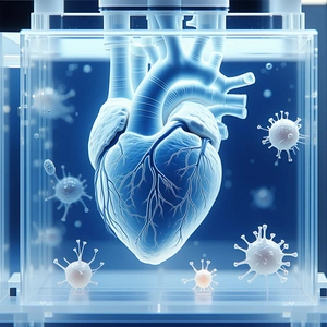 A Heart With A Blue Background, Surrounded By Various Microscopic Organisms