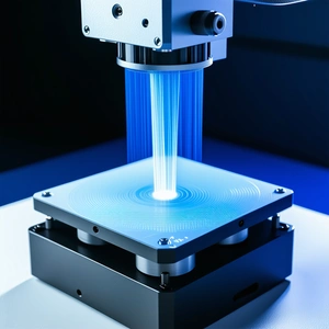 A Blue Laser Is Being Used To Cut A Piece Of Plastic
