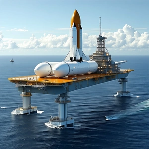 A Large Space Shuttle Is Docked On A Floating Platform In The Ocean