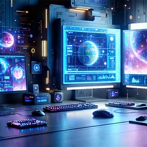 Futuristic (digital:1.11) workspace