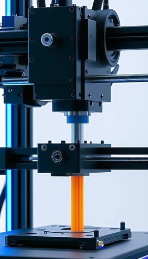 A 3d Printer In Action, With A Blue And Orange Plastic Filament Being Extruded From The Machine
