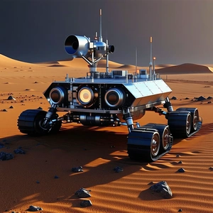 A Futuristic Vehicle, Possibly A Spacecraft Or A Rover, Parked On A Sandy Surface