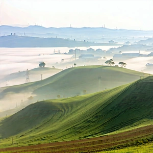 Nature Low Poly: Rolling Hills During Foggy Morning With Lush Green
