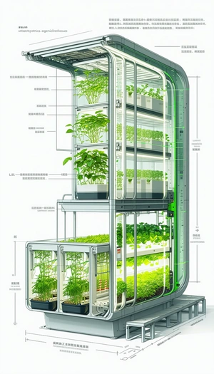 The Image Is A Drawing Of A Large, Multi-level Greenhouse Filled With Various Plants