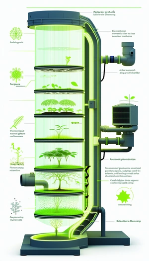 The Image Is A White And Green Poster That Features A Large, Multi-tiered Plant Growing System