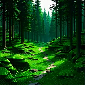 Nature Voxel Art: Path Through Dense Forest With Image, There