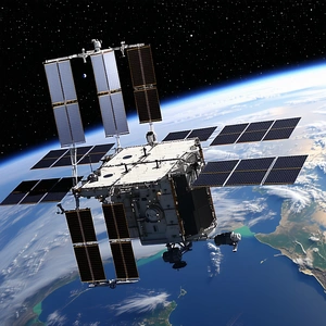 A Space Shuttle With A Large Satellite On Top Of It, Flying Through The Sky