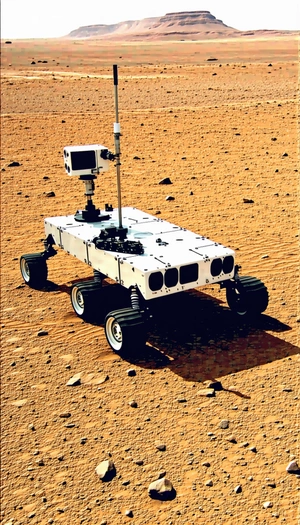 A White Robotic Vehicle With A Camera On Top, Driving Across A Dirt Field