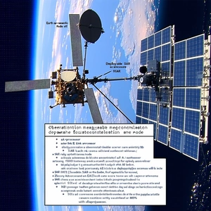 The Image Is A Close-up Of A Spacecraft, Likely A Satellite, With A Large Dish Antenna On Top