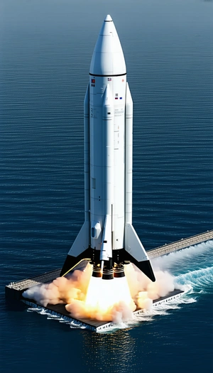 A Large White Rocket Ship, Likely A Space Shuttle, Flying Over The Ocean