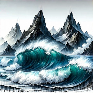 Nature Charcoal Drawing: (ocean:1.25) waves surrounded by mountain peaks