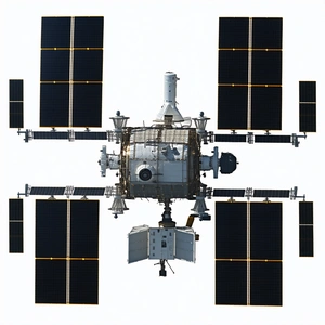 A Large Spacecraft With A White And Blue Color Scheme