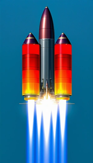 A Rocket Is Shown In A Blue Sky, With Its Two Boosters Attached