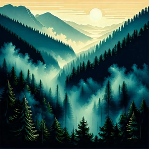 Nature Linocut Print: Mist Over Forest Clearing With Image, There