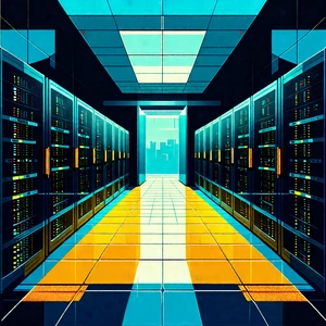 Tech Woodcut Print: Futuristic Server Room With Image, There