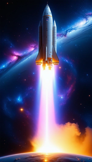 A Space Shuttle Launching Into The Sky, With A Trail Of Smoke Following It
