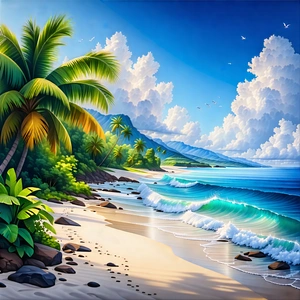 Nature Pastel Drawing: Tropical Plants In Coastal Environment With Beautiful Tropical