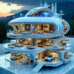 Tech Diagram Style: Futuristic Smart Home With Futuristic House