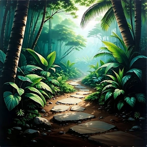 Nature Charcoal Drawing: Path Through Tropical Jungle With Pathway Carved