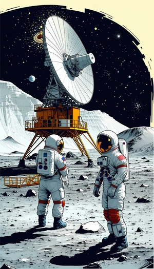 In The Image, There Are Two Astronauts Standing On The Moon, Looking At A Large Satellite Dish