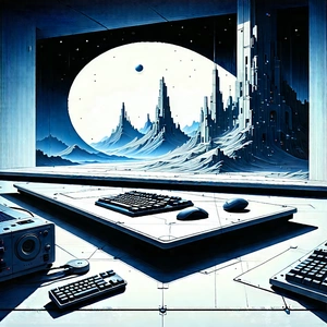 Tech Linocut Print: Futuristic Digital Workspace With Image, There