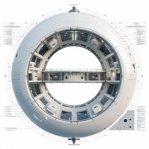 The Image Is A 3d Model Of A Space Station, Showcasing Its Interior And Exterior