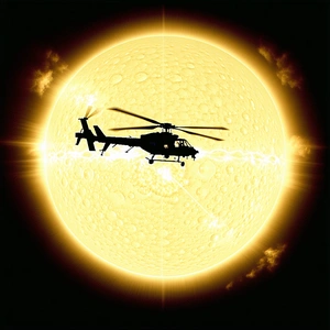 A Helicopter Flying Through The Sky, With A Bright Sun In The Background