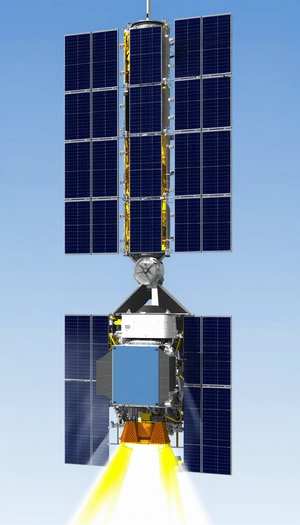 A Spacecraft Is Shown In A Blue And White Color Scheme