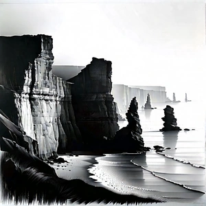Nature Charcoal Drawing: Coastal Cliff During Foggy Morning With Black White