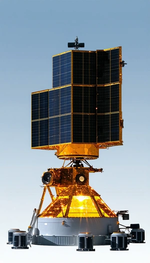 A Large Satellite Is Mounted On A Yellow Structure, Which Is Positioned In The Sky