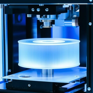 A Blue Machine Is Holding A White Object, Which Appears To Be A Cd Or A Record