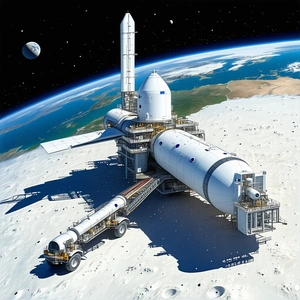 A Large Space Station With A White And Blue Color Scheme
