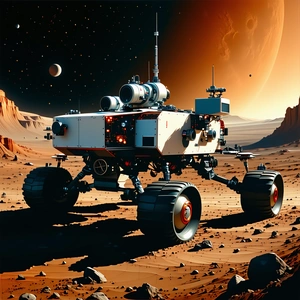 A White Spacecraft Is Parked On A Rocky Surface, With A Red And White Rover Nearby