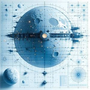 A Blue And White Drawing Of A Space Station Is Displayed