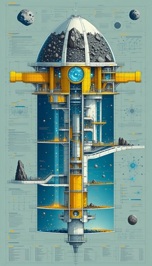 A Large, Futuristic Building Is Depicted In A Blue And Yellow Color Scheme