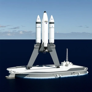 A Large White Space Shuttle Is Docked On A Floating Platform In The Ocean