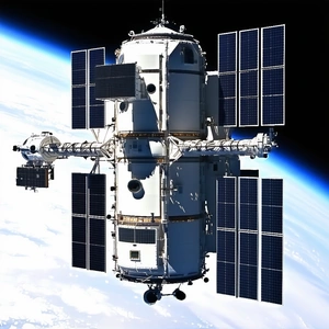 A Large Spacecraft With A Prominent Dome On Top, Floating In The Sky