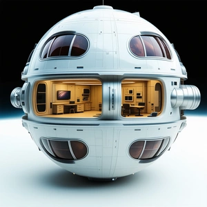 A Large, White, Round Structure That Appears To Be A Space Station Or A Futuristic Building