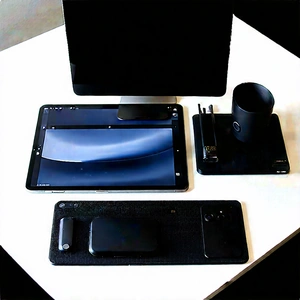 Business Aerial Photography: Workplace With Digital Devices On Desk With Table Variety
