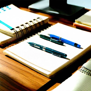 Business Macro Photography: Workplace with notebooks and pens on desk