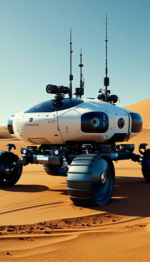 A Futuristic Vehicle, Possibly A Rover Or A Spacecraft, Parked In A Desert-like Environment
