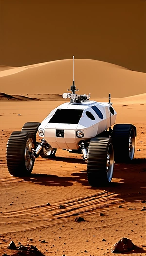 A White Robotic Vehicle With Four Large Wheels, Driving Across A Sandy Terrain