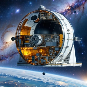 A Large Space Station With A Dome-shaped Structure, Floating In The Sky