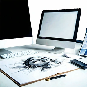 Business Ink Drawing: Workplace with digital devices on desk