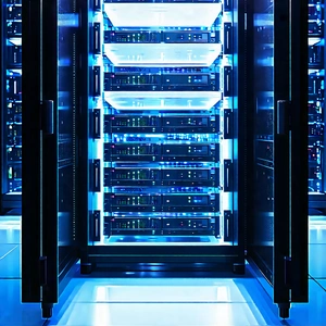 Tech Landscape Photography: Server rack with holographic projection