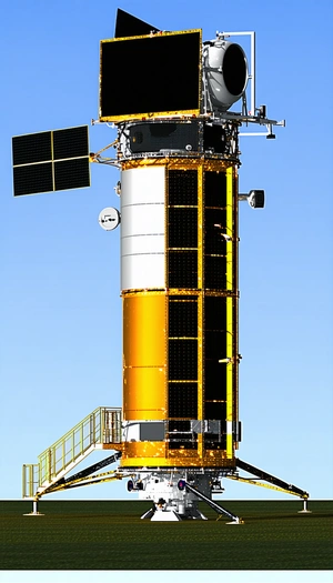 A Large Yellow And Black Satellite Is Shown In A Blue Sky