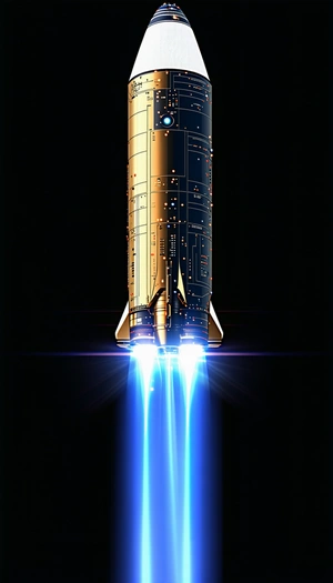 A Rocket Ship With A Blue And White Color Scheme, Soaring Through The Sky