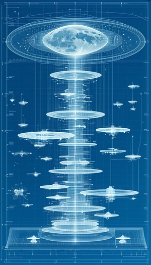 A Blue And White Drawing Of A Space Ship Is Displayed