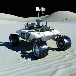 A White Robotic Vehicle Is Parked On A Sandy Surface, Possibly A Beach Or A Desert